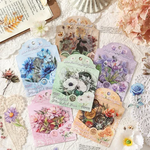 Vintage Botanical Floral PET Waterproof Sticker Pack Retro Flowers Wax Seal Material For Journaling Scrapbooking DIY Decoration