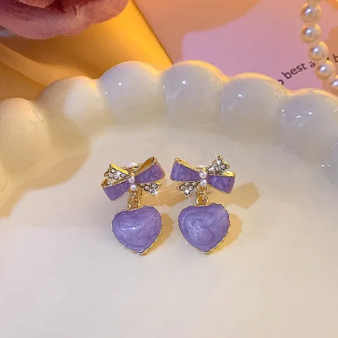 Lavender Purple Heart Stud Earrings For Women Light Luxury Gold Bow Design Alloy Rhinestone Artificial Pearl Inlaid Elegant Earrings Jewelry