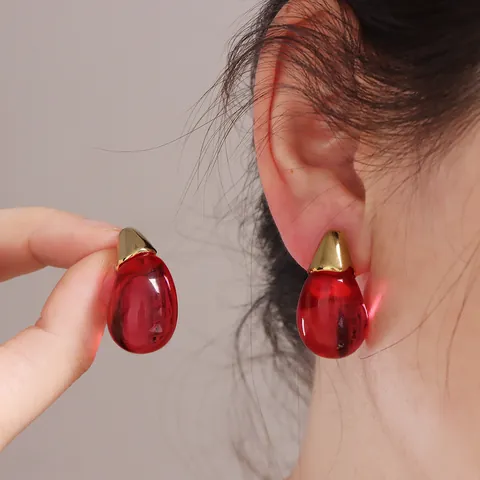Orecchini a Bottone in Acciaio Inossidabile a Forma di Goccia d'Acqua in Resina Trasparente Colorata Stile Coreano Minimalista Donna