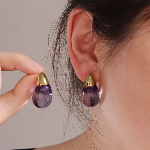 Orecchini a Bottone in Acciaio Inossidabile a Forma di Goccia d'Acqua in Resina Trasparente Colorata Stile Coreano Minimalista Donna