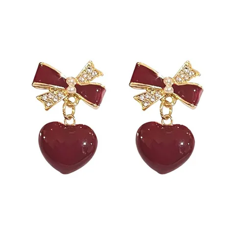 Lavender Purple Heart Stud Earrings For Women Light Luxury Gold Bow Design Alloy Rhinestone Artificial Pearl Inlaid Elegant Earrings Jewelry