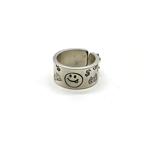 925 Sterling Silver Vintage Distressed Smiley Face Dollar Sign Open Ring Hip Hop Street Adjustable Fashion Jewelry Ring For Men Women