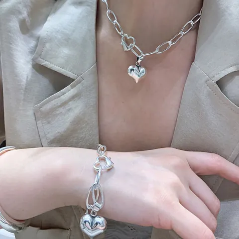 925 Sterling Silver Heart Pendant Necklace For Women Minimalist Thick Chain Heavy Metal Ins Style Clavicle Chain Jewelry