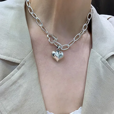 925 Sterling Silver Heart Pendant Necklace For Women Minimalist Thick Chain Heavy Metal Ins Style Clavicle Chain Jewelry