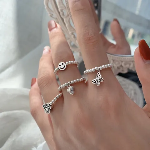 925 Sterlingsilber Schmetterling Ring Für Damen Koreanische Mode Smiley Herz Stern Perle Stretch Ring Vintage Silberschmuck Geschenk