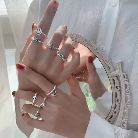 925 Sterlingsilber Schmetterling Ring Für Damen Koreanische Mode Smiley Herz Stern Perle Stretch Ring Vintage Silberschmuck Geschenk