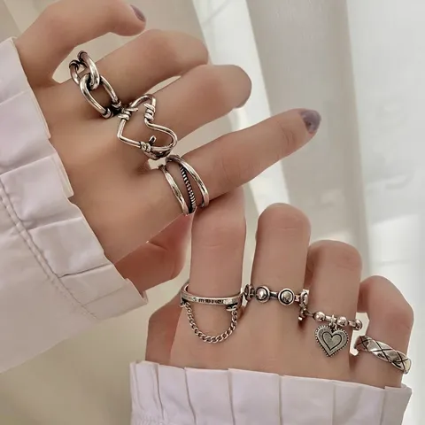 S925 Sterling Silver Heart Open Ring For Women Korean INS Style Minimalist Vintage Thai Silver Adjustable Chain Finger Ring Jewelry