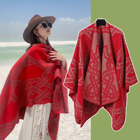Vintage Ethnic Style Poncho Shawl For Women Imitation Cashmere Warm Open Front Cape Winter Travel Geometric Wrap