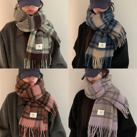 Polyester Karierter Schal Für Damen Winter Dick Warm Plaid Schal Wrap Mit Quasten Maillard Stil Gemütlicher Halswärmer