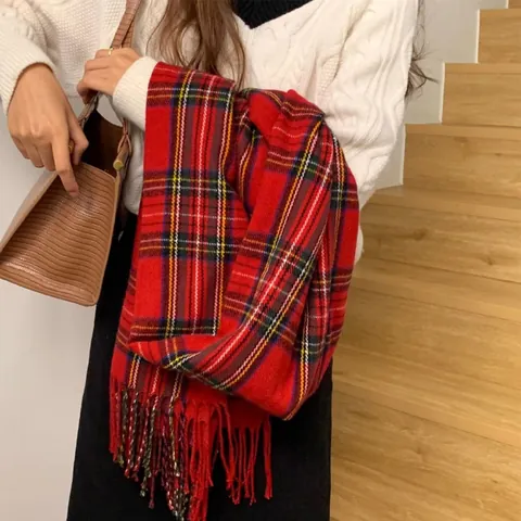 Damen Schal Karomuster Winter Koreanischer Stil Kaschmirähnlich Verdickt Warm Schultertuch Mit Quasten