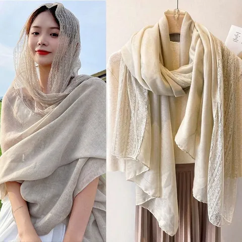 Damen Spitzen-Patchwork Schal Eleganter Polyester Baumwolle Leinen Look Schultertuch Koreanische Ästhetik Artistisch Retro Leichter Schal Dünner Schal