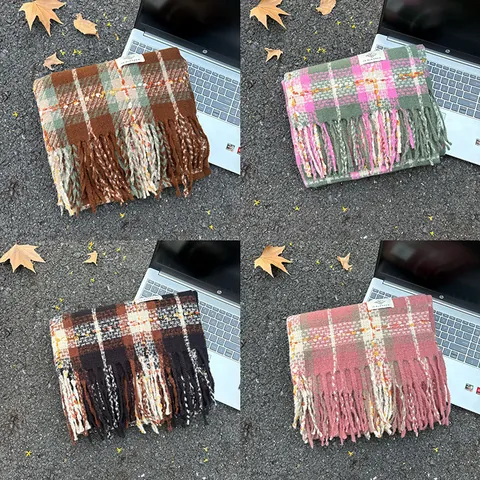 Damen Karo Schal Koreanischer Stil Kaschmir-Imitat Quasten Schultertuch Dick Warm Retro Kariert Winter Hals Schal Für Herren Damen Paare