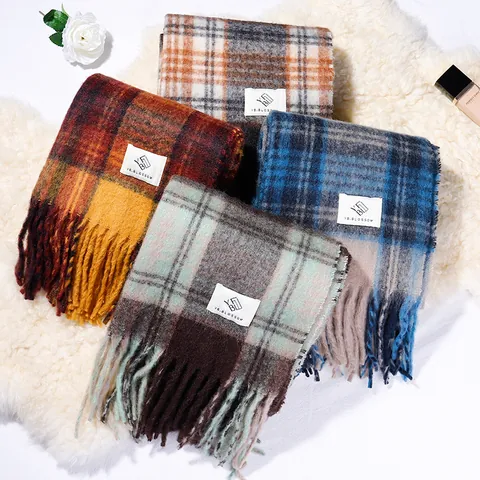 Vintage Kariert Schal Für Damen Winter Dick Warm Imitation Kaschmir Gewebt Schal Lange Quaste Halswärmer Wrap