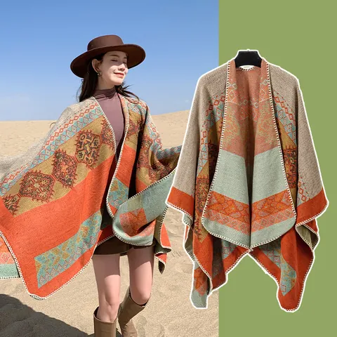 Chal Poncho Bohemio Étnico con Patrón Geométrico para Mujer Capa de Imitación de Cachemira Gruesa y Cálida Resistente al Viento para Viaje