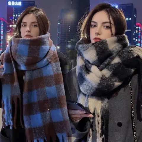 Koreanischer Stil Karo Schal Für Damen Winter Dick Warm Mohair Ähnlich Polyester Schultertuch Mit Langen Fransen Klassischer Gitter Schal