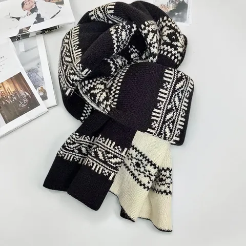 Fair Isle Double Sided Jacquard Knitted Scarf Vintage Snowflake Geometric Pattern Thick Warm Winter Long Neck Warmer For Women