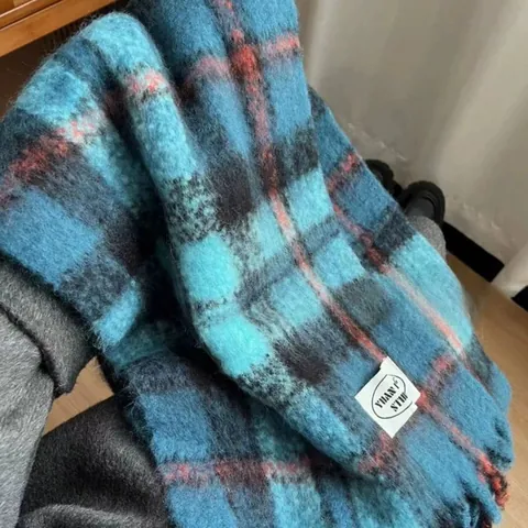 Damen Winter Verdickt Karomuster Schal Mohair-Gefühl Warm Karo Schal Island Blau Pashmina Kettengewirkt Stola Für Damen Alltag