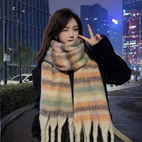 Maillard Stil Koreanischer Mohair-Look Gestreifter Schal Für Damen Winter Dick Warm Imitation Kaschmir Schal Großer Schal Mit Quasten
