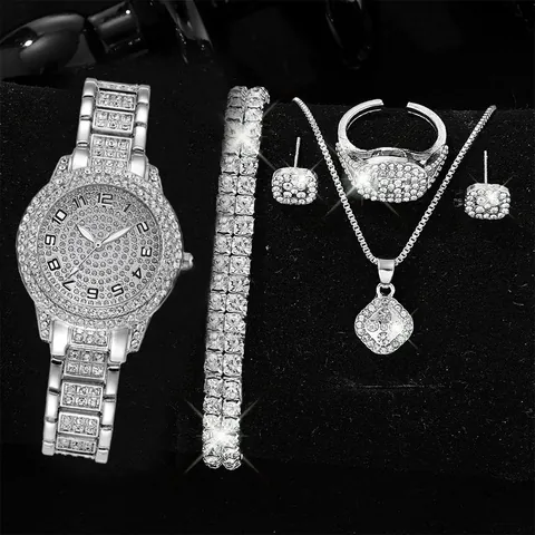 Women Luxury Rhinestone Watch Jewelry Set Roman Numeral Quartz Watch Bracelet Necklace Ring Earrings Full Rhinestone Fashion Jewelry Set For Women