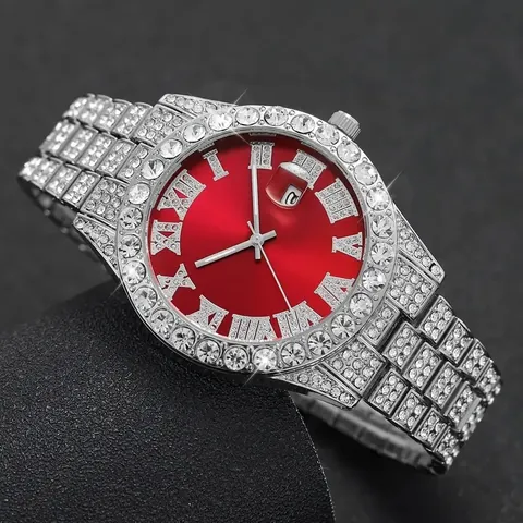Herren Hip Hop Iced Out Strass Quarzuhr Römische Ziffer Kalender Luxus Legierung Armbanduhr Mode Schmuck Geschenk