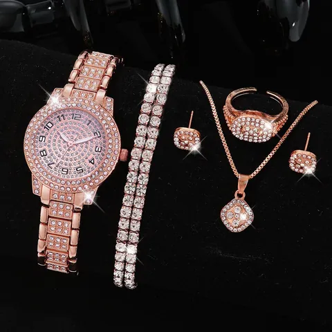 Women Luxury Rhinestone Watch Jewelry Set Roman Numeral Quartz Watch Bracelet Necklace Ring Earrings Full Rhinestone Fashion Jewelry Set For Women