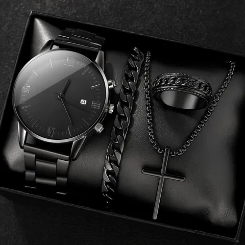 Herren Mode Uhrenset Minimalistische Quarzuhr Legierung Edelstahl Armband Halskette Ring Männlicher Geschäfts Schmuck Geschenk
