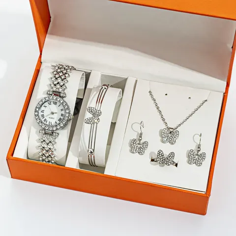 Luxury Women Rhinestone Quartz Watch Jewelry Set Alloy Butterfly Heart Pendant Necklace Bracelet Earrings Ring Gift Box