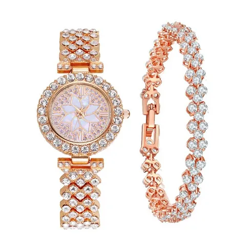 Dames Rhinestone Quartz Horloge En Hart Armband Set Elegant Romeinse Cijfers Legering Sieraden Set Voor Dames Cadeaus Roségoud Zilver Goud Horloge Sieraden
