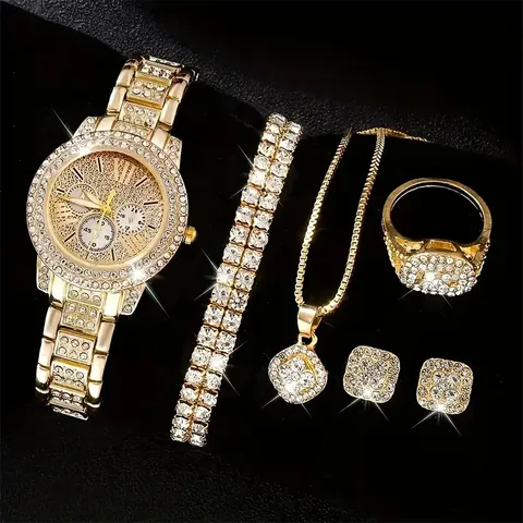 Luxury Alloy Rhinestone Women Watch Jewelry Set Gold Silver Plated Butterfly Dial Quartz Watch Necklace Earrings Bracelet Ring 5Pcs Set