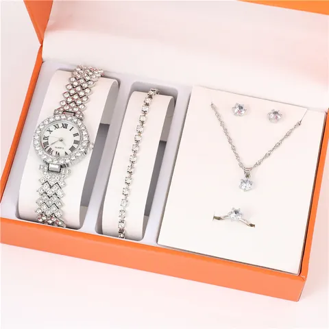 Mode Femmes Strass Bijoux Montre Bracelet Collier Bague Boucles d'Oreilles Alliage Montre Quartz Bijoux Accessoire Cadeau Parure