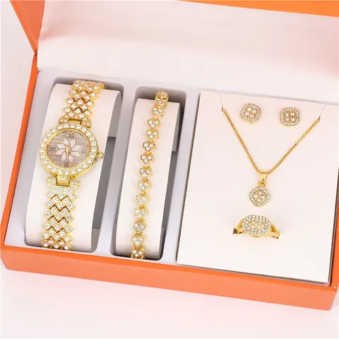 Mode Femmes Strass Bijoux Montre Bracelet Collier Bague Boucles d'Oreilles Alliage Montre Quartz Bijoux Accessoire Cadeau Parure