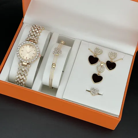 Élégant Ensemble de Bijoux Montre à Quartz pour Femmes Collier Bracelet Boucles d'Oreilles Bague Coeur Strass Cadeau Luxe