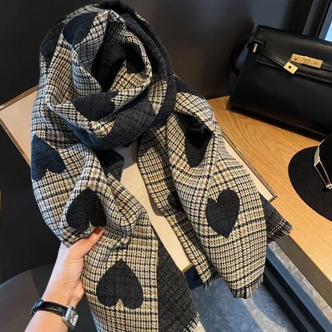 Damen Herz Plaid Doppelseitiger Schal Koreanische Mode Winter Warmer Karomuster Quaste Schal Wickel Verdickter Polyester Schal