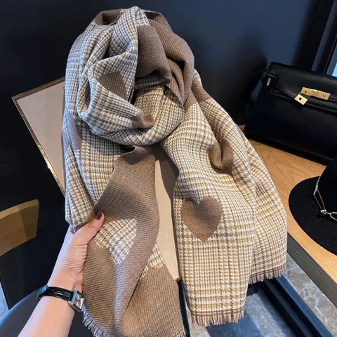 Damen Herz Plaid Doppelseitiger Schal Koreanische Mode Winter Warmer Karomuster Quaste Schal Wickel Verdickter Polyester Schal