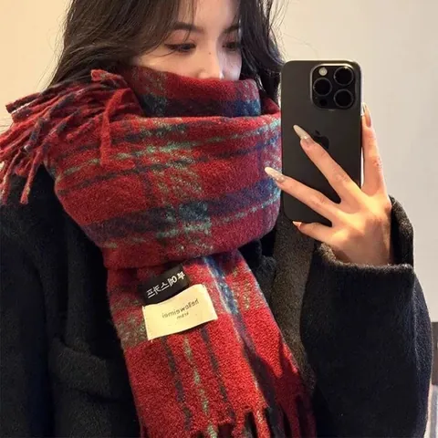 Damen Weihnachten Karo Schal Faux Kaschmir Schal Dick Warm Retro Kariert Stola Mit Quasten Koreanischer Stil Winter Umhang