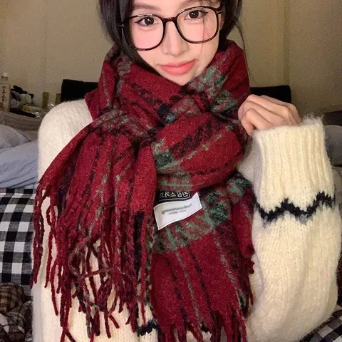 Damen Weihnachten Karo Schal Faux Kaschmir Schal Dick Warm Retro Kariert Stola Mit Quasten Koreanischer Stil Winter Umhang