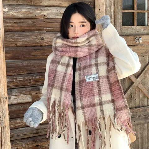 Damen Kariert Mohair-Ähnlich Schal Warm Winter Dick Gitter Quasten Stola Retro Koreanischer Stil Weich Polyester Halstuch