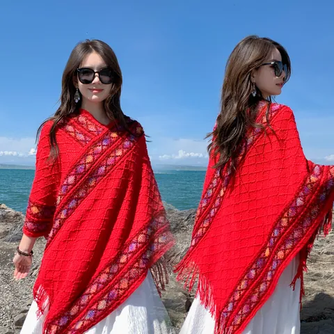 Damen Ethno-Strickponcho Quasten-Schal Bohemian Geometrisches Muster Pullover-Cape Für Herbst Winter Reise Warme Oberbekleidung