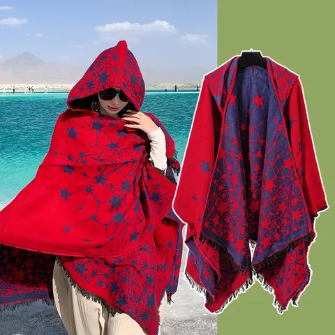 Poncho con Cappuccio in Jacquard Effetto Cashmere Geometrico Cielo Stellato Etnico Vintage Sciarpone Con Nappe Morbido Mantello Pullover Caldo da Donna Viaggio Foto