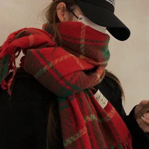 Weihnachten Roter Karoschal Damen Winter Warm Kaschmir-Imitat Quasten Schal Wickel Koreanischer Stil Festlicher Hahnentritt Strickschal