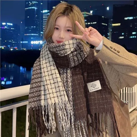 Koreanisch Wendbar Karomuster Schal Für Damen Dicke Reversible Polyester Kaschmir-Imitat Schal Lange Fransen Quasten Warme Winter