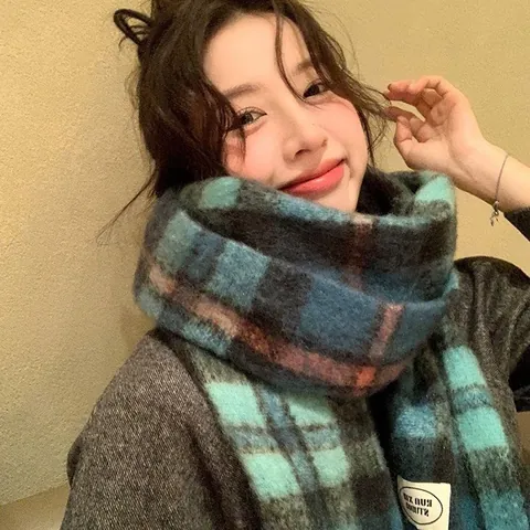 Damen Winter Verdickt Karomuster Schal Mohair-Gefühl Warm Karo Schal Island Blau Pashmina Kettengewirkt Stola Für Damen Alltag