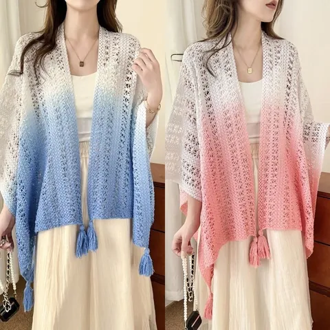 Damen Tie-Dye Verlauf Hohl Strickschal Boho Quasten Umhang Poncho Ethno-Stil Strick Oberbekleidung Reise Wickel Top
