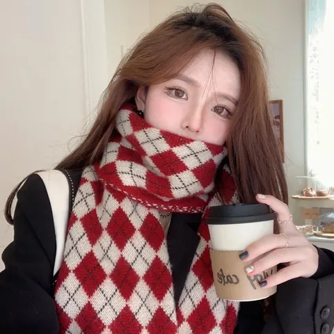 Damen Rautenkaro Strickschal Winter Warm Weich Kaschmir-Imitat Stola Für Weihnachten Neujahr Rot Kaffee Khaki Karo Schal