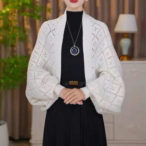 Scialle Cardigan in Maglia da Donna Stile Coreano Maniche a Lanterna Caldo Tinta Unita Intrecciato a Maglia Top per Abbigliamento Quotidiano