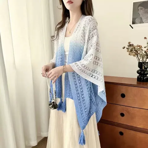 Damen Tie-Dye Verlauf Hohl Strickschal Boho Quasten Umhang Poncho Ethno-Stil Strick Oberbekleidung Reise Wickel Top