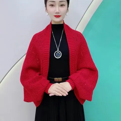 Scialle Cardigan in Maglia da Donna Stile Coreano Maniche a Lanterna Caldo Tinta Unita Intrecciato a Maglia Top per Abbigliamento Quotidiano