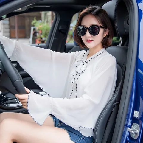 Women Summer Sun Protection Chiffon Shawl Solid Color Bow Tie Cape Breathable UV Protection Cloak For Driving Cycling