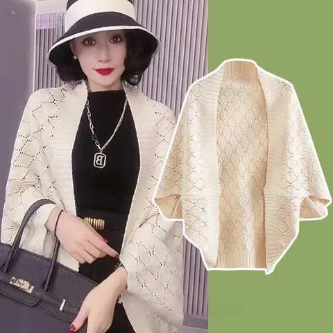 Châle en Tricot Ajouré à Losanges Élégant pour Femmes Cardigan Uni Polyvalent Cape Veste de Sortie Wrap Mode Printemps Été