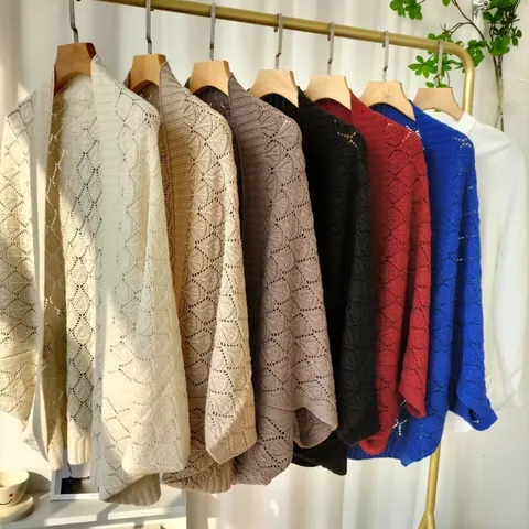 Châle en Tricot Ajouré à Losanges Élégant pour Femmes Cardigan Uni Polyvalent Cape Veste de Sortie Wrap Mode Printemps Été